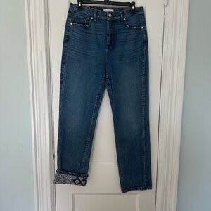 LOFT Dark Blue Straight Leg Crop Jeans Size 27 / 4 Patterned Roll Over Hem